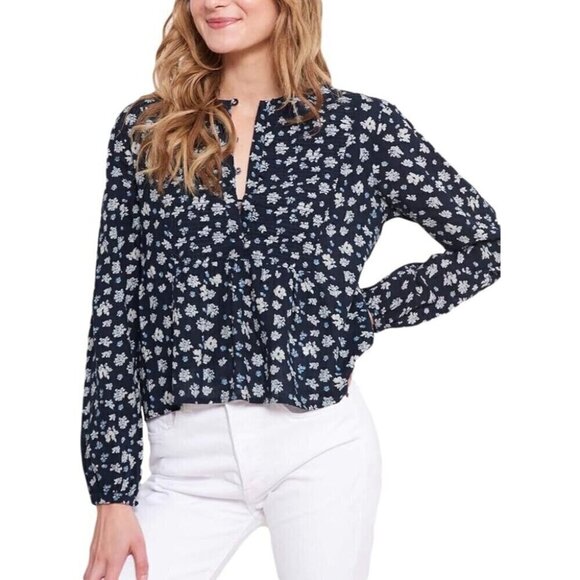 Roller Rabbit Womens Jessica Huri Top Sz Medium Navy Blue Floral Boho Blouse - Picture 1 of 9